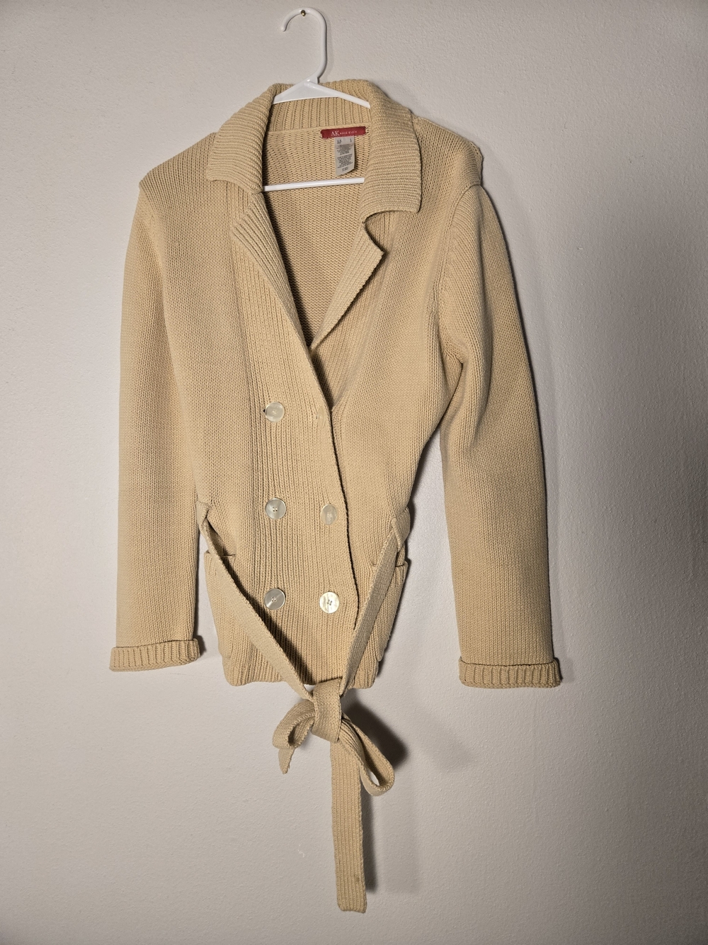 Anne Klein Cream Double-Breasted Knit Belted Blazer